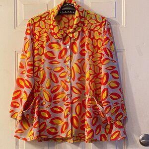 Chalet Et CeCi Sz XS Knit Button Up Blouse Long Sleeve Red/Yellow /Gray Pockets
